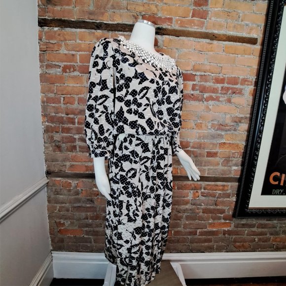 Vintage Lady Carol Dress 1980s Navy Tan Floral Crochet Collar Matching Belt XL - Picture 4 of 8